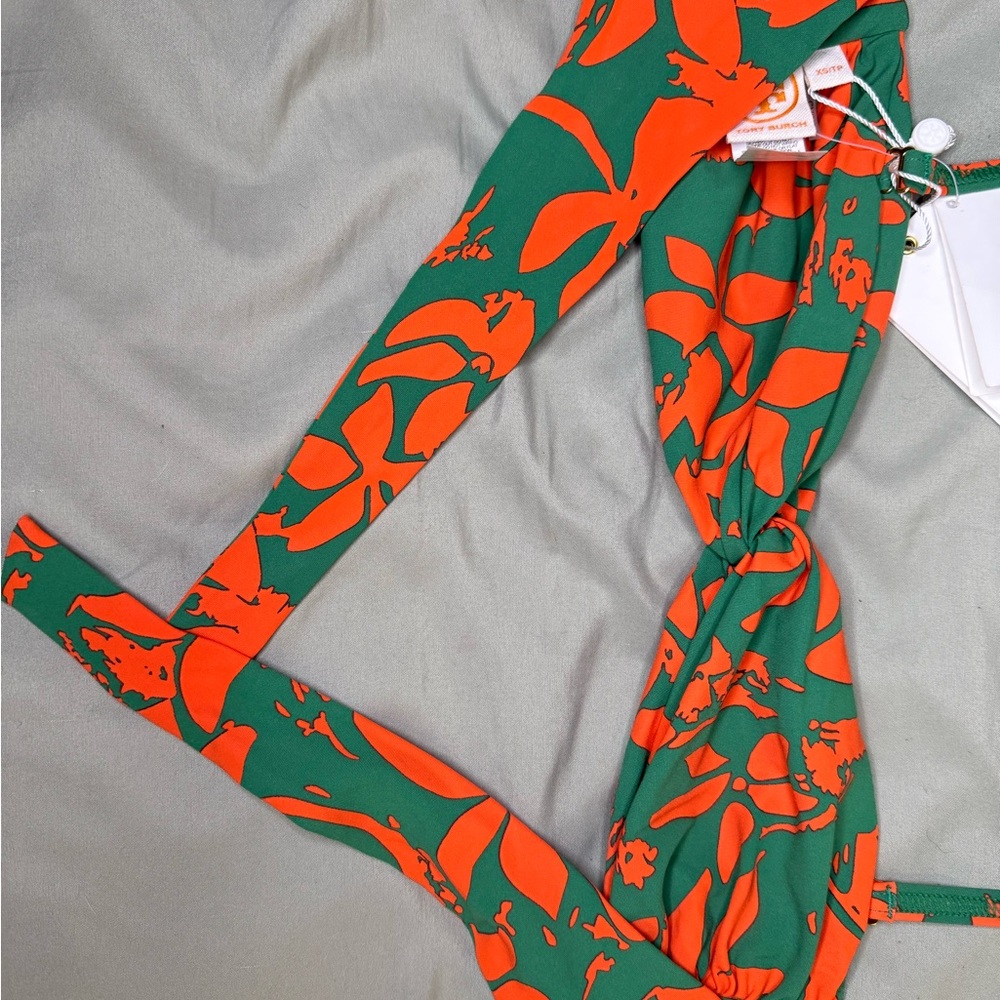 Tory Burch Green & Orange Floral Bandeau Swim Top with Removable Strap - Picture 3 of 4